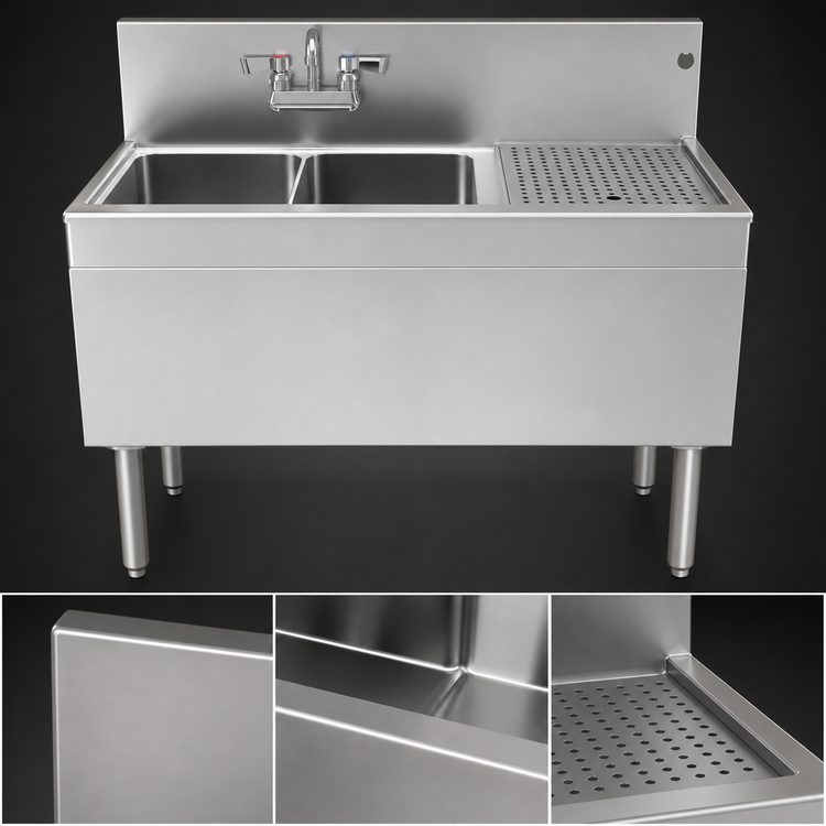 Product image #3 for Glastender Two Compartment Stainless Steel Underbar Sink Unit with Right Drainboard, 36 Inch x 19 Inch