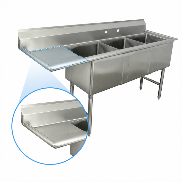 Product image #3 for Advance Tabco 3-Compartment Fabricated Sink with 24-Inch Left Drainboard, 18 x 18 x 14-Inch Bowls