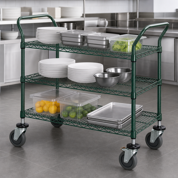 Product image #3 for Quantum 48 Inch x 24 Inch 3-Shelf Wire Utility Bus Cart, 1,200 lb. Capacity, Green Epoxy Antimicrobial Finish