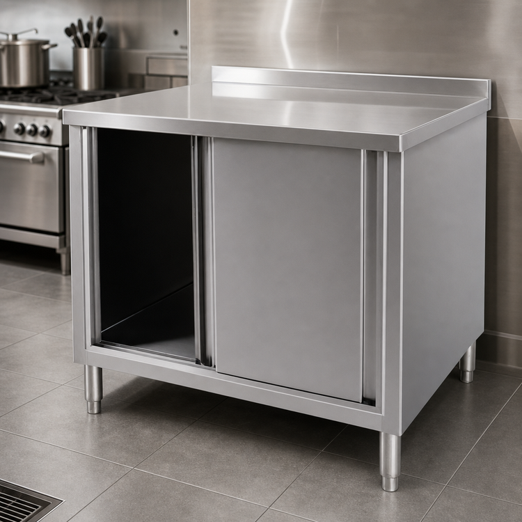 Product image #3 for 48-Inch Stainless Steel Enclosed Work Table with Sliding Doors and 2-Inch Rear Up-Turn