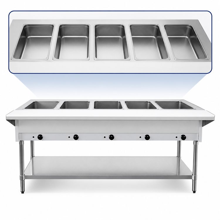 Product image #3 for Omcan Electric Open Well Steam Table with Cutting Board and Undershelf, 72-Inch, 5-Pan Capacity