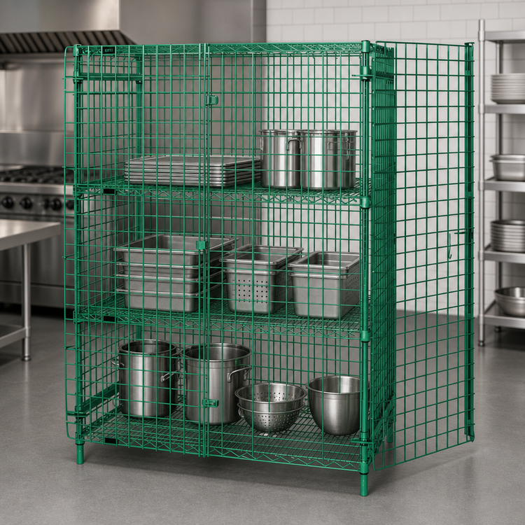 Product image #3 for Quantum Stationary Security Unit with 2 Intermediate Shelves, 60"W x 18"D x 63"H, Green Epoxy