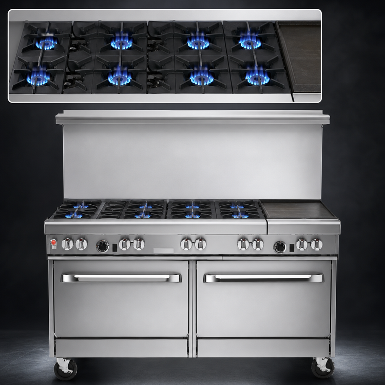 Product image #3 for Ultimate 60-Inch Commercial Gas Restaurant Range with 6 Open Burners, 24-Inch Griddle, and 2 Standard Ovens