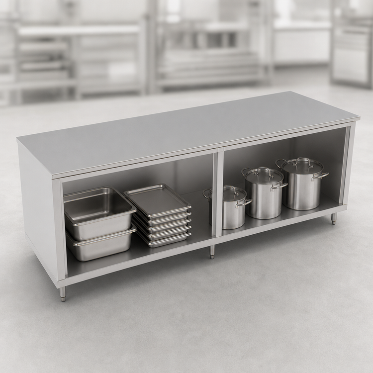 Product image #3 for John Boos 132-Inch x 30-Inch Open Front Cabinet Base Work Table with 16-Gauge 300-Series Stainless Steel Top