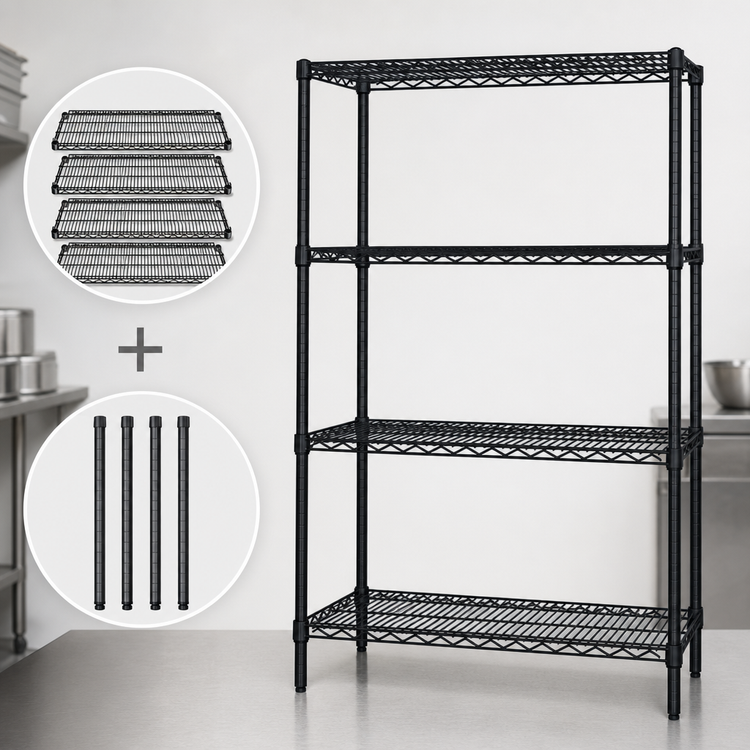 Product image #3 for Quantum 4-Shelf Stationary Wire Shelving Starter Kit, 60"W x 12"D x 74"H, Black Epoxy Antimicrobial Finish