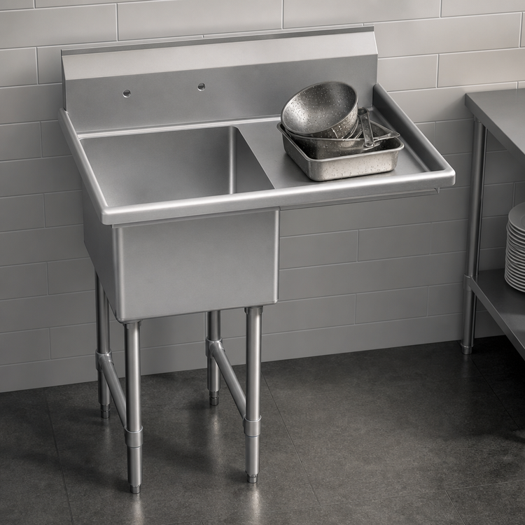 Product image #3 for Krowne Royal Series 1-Compartment Commercial Sink with Right Drainboard, 18" x 18" Bowl, 304 Stainless Steel