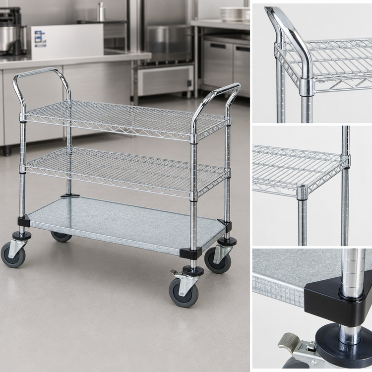 Product image #3 for Quantum 3-Shelf Chrome-Plated Utility Bus Cart, 48 x 21 Inches