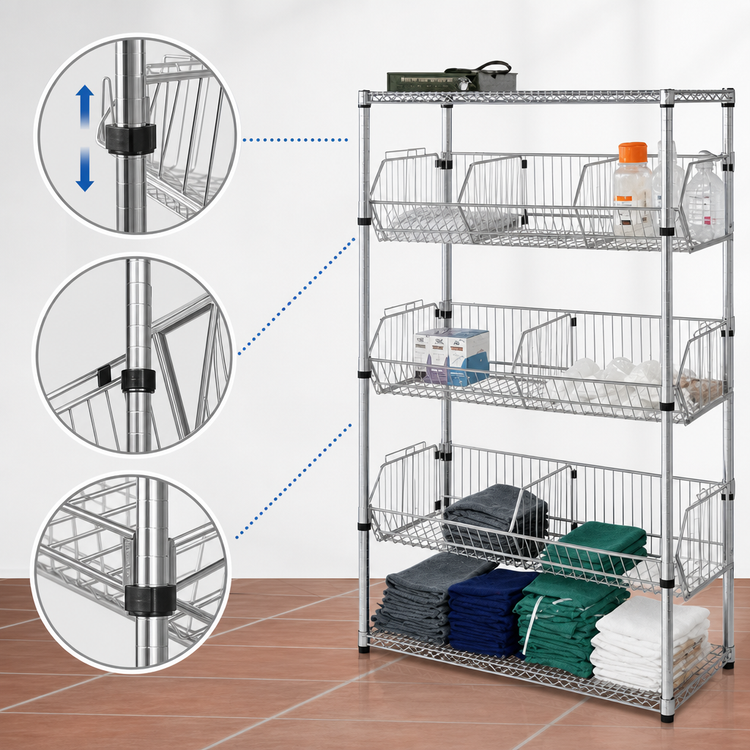 Product image #3 for Quantum Stationary Wire Basket Storage Unit with 3 Adjustable Baskets, 48W x 24D x 63H, Chrome Plated