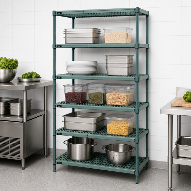 Product image #3 for Quantum 5-Tier Stationary Wire Plastic Mat Shelving Unit, 30"W x 21"D x 86"H, Green Epoxy Antimicrobial Finish