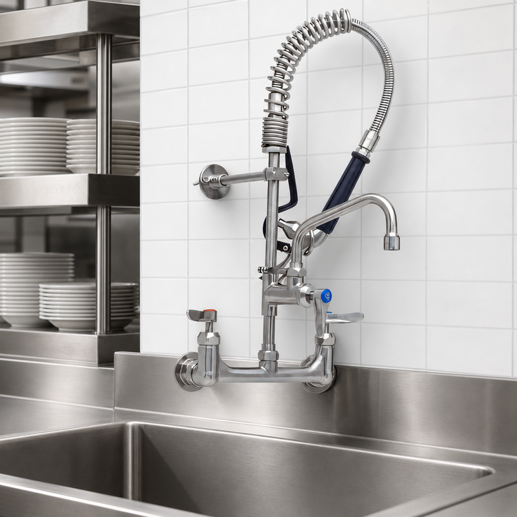 Product image #4 for T&S Brass Mini Pre-Rinse Unit with 8 Inch Wall-Mount Mixing Faucet, 6 Inch Swing Nozzle, and 24 Inch Hose