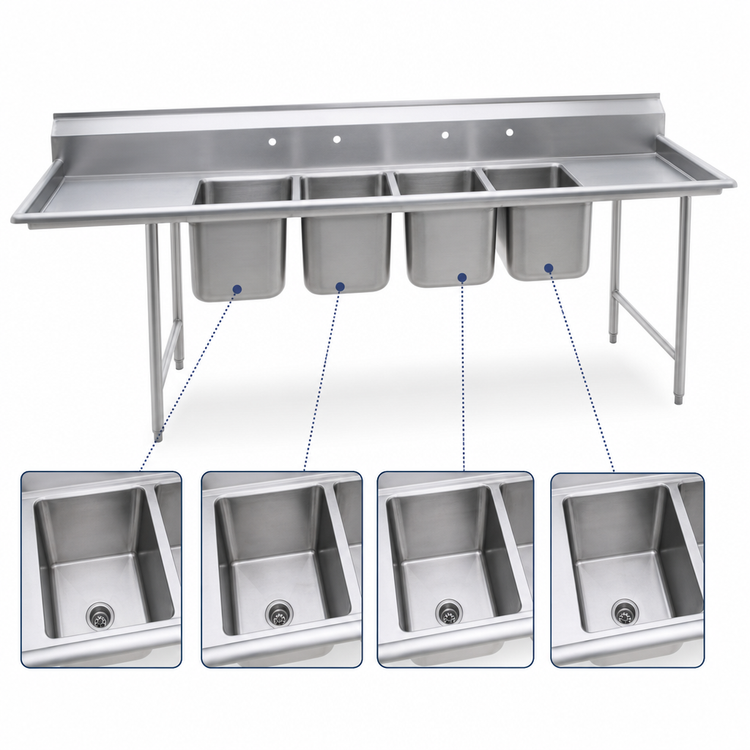 Product image #3 for Eagle Group 414 Series Coved Corner Four-Compartment Sink with 18-Inch Right-Hand Drainboard, 92-1/8-Inch W x 27-1/2-Inch D