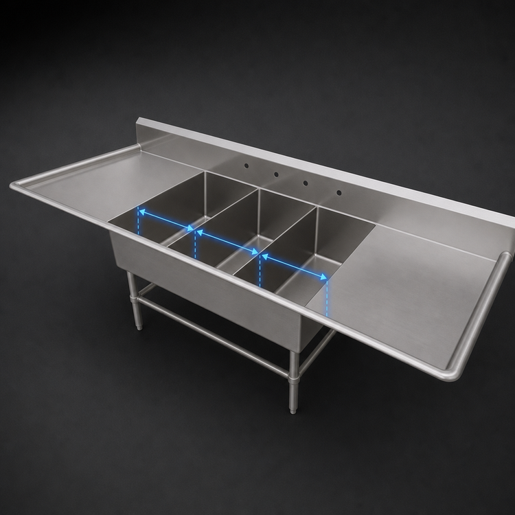 Product image #3 for John Boos Pro-Bowl 3-Compartment Platter Sink with Left & Right Drainboards, 81-1/4"W x 36-1/2"D x 43"H, 16-Gauge Stainless Steel
