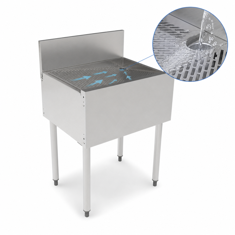 Product image #4 for Top Shelf TS Series 25 Inch Freestanding Stainless Steel Underbar Drainboard with 6 Inch Backsplash