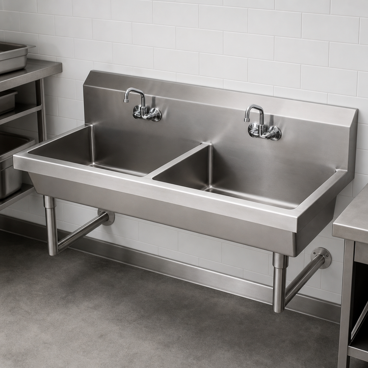 Product image #3 for BK Resources 48-Inch Wall-Mounted Two-Station Stainless Steel Handwash Sink with 8-Inch Deep Bowl