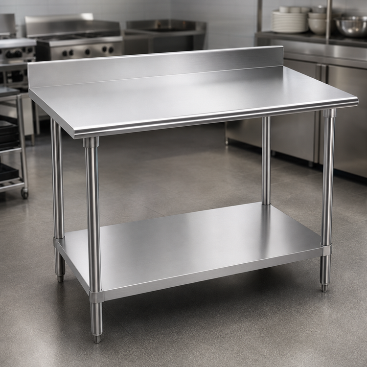 Product image #3 for Advance Tabco 144-Inch x 30-Inch 16-Gauge 304 Stainless Steel Work Table with 5-Inch Backsplash and Adjustable Undershelf