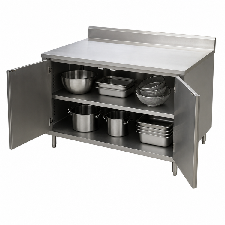 Product image #3 for BK Resources 36-Inch x 24-Inch Stainless Steel Chef Table with Cabinet Base, Hinged Doors, and 5-Inch Back Riser