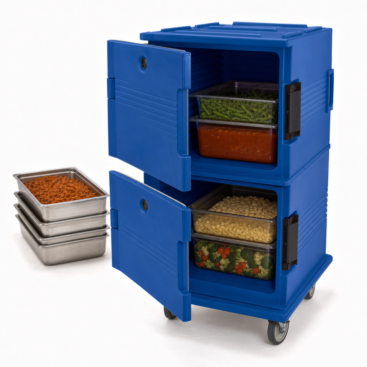 Product image #4 for Cambro Ultra Camcart Front-Loading Double-Compartment Insulated Food Pan Cart with Heavy-Duty Casters, 120 Qt., Navy Blue
