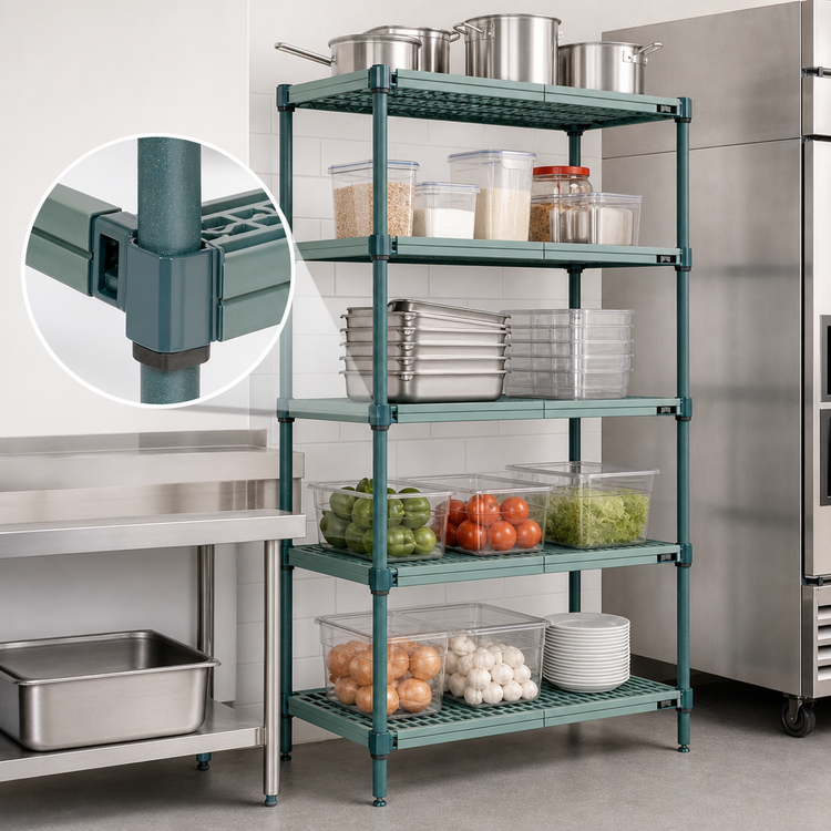 Product image #3 for Quantum 5-Tier Stationary Wire Plastic Mat Shelving Unit, 30 x 21 x 63 Inches, Green Epoxy Coated