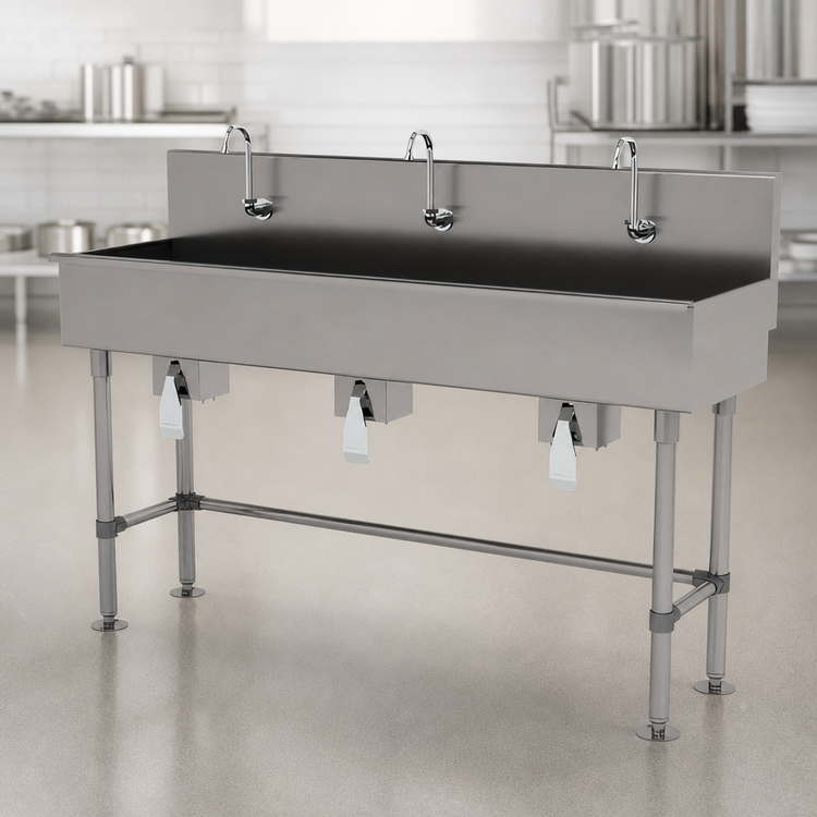 Product image #3 for Advance Tabco 19-FM-60KV 60-Inch Three-Station Freestanding Multiwash Hand Sink with Knee Valves and Gooseneck Spouts