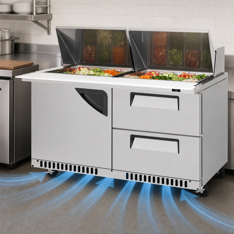 Product image #4 for Turbo Air Super Deluxe 2-Section Front Breathing Sandwich/Salad Mega Top Prep Table with 24-Pan Opening, 1 Door, and 2 Drawers