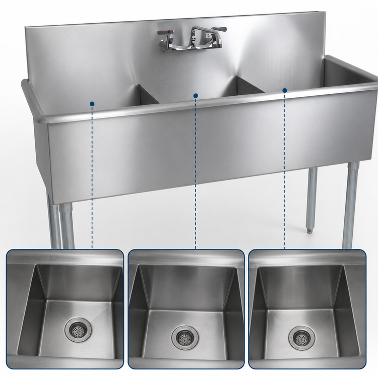 Product image #3 for BK Resources BK8BS-3-1821-12 3-Compartment Budget Sink with 18" x 21" x 12" Bowls and 8" Backsplash