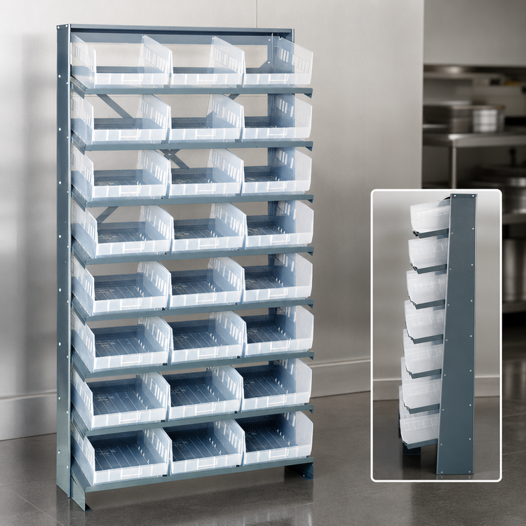 Product image #3 for Quantum Sloped Single-Sided Steel Pick Rack with 8 Shelves and 24 Clear Bins, 36W x 12D x 63-1/2H
