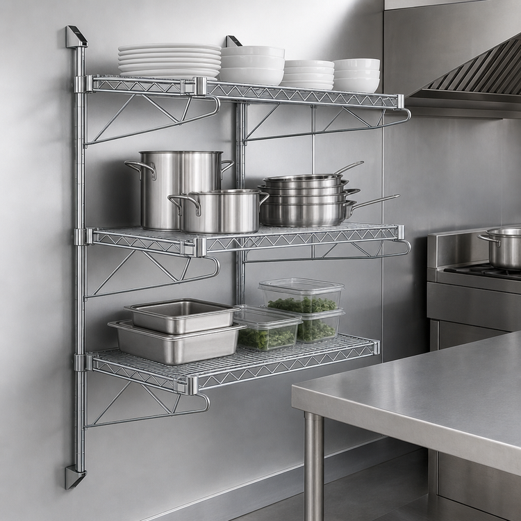 Product image #3 for Quantum Wall-Mounted Cantilever Shelving Starter Unit with 3 Wire Shelves and 54-Inch Posts