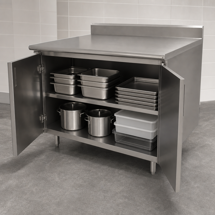 Product image #3 for Advance Tabco Special Value Enclosed Work Table with Cabinet Base and Hinged Doors, 108"W x 30"D, 304 Stainless Steel Top, 5" Backsplash