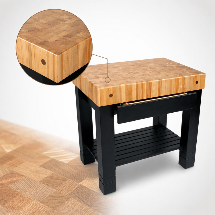 Product image #4 for John Boos American Heritage Homestead End Grain Maple Butcher Block Work Table with Utensil Drawer and Lower Shelf