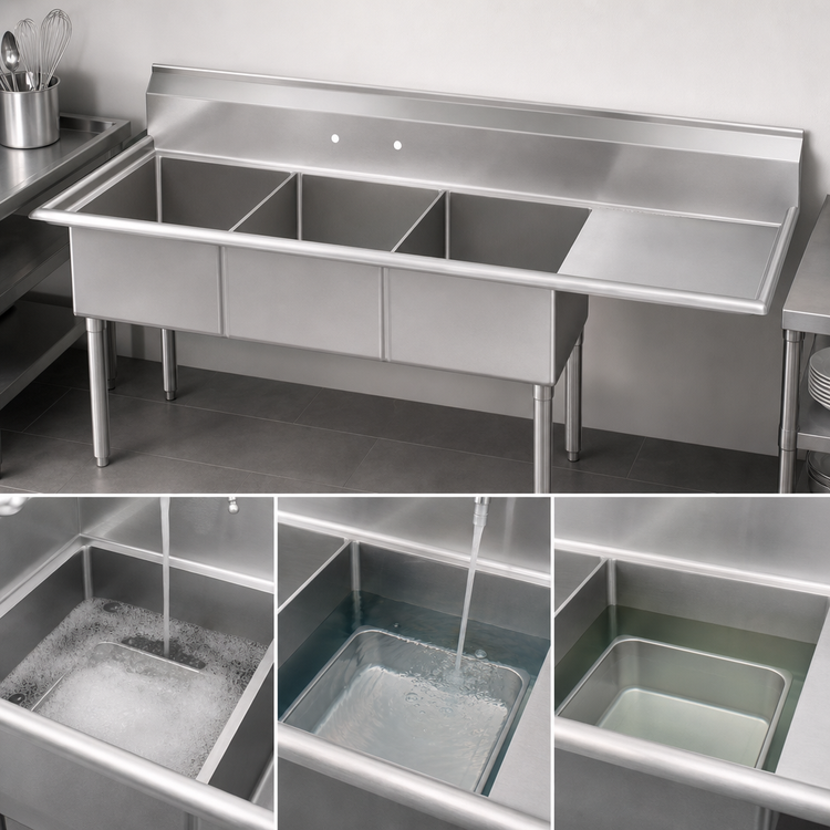 Product image #3 for BK Resources Three-Compartment Stainless Steel Sink with Right Drainboard, 18" x 24" x 14" Bowls