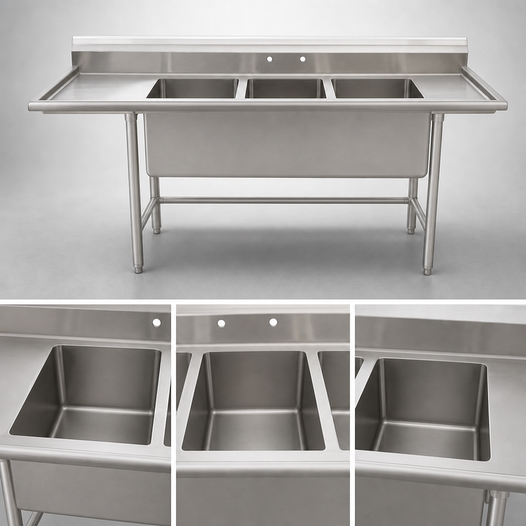 Product image #3 for Eagle Group S14 Series 3-Compartment 14-Gauge 304 Stainless Steel Sink with Left Drainboard, 95-1/2-Inch