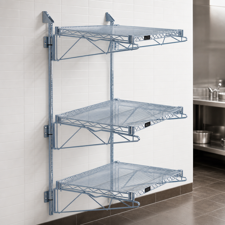 Product image #3 for Quantum Wall-Mounted Cantilever Starter Shelving Unit with 3 Wire Shelves, Gray Epoxy Antimicrobial Finish
