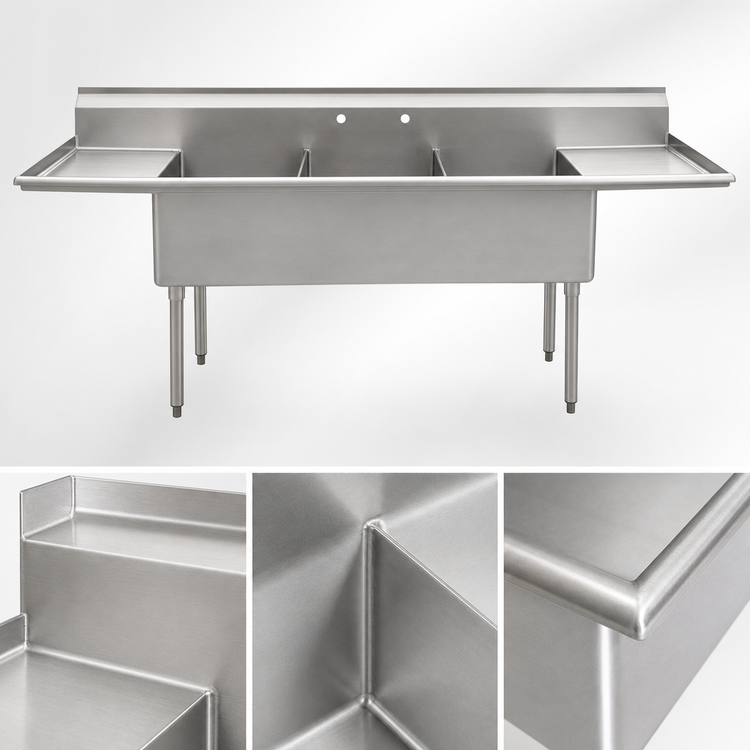Product image #3 for Eagle Group Three-Compartment Utility Sink with Double Drainboards, 120-1/4-Inch W x 28-Inch D, 16-Gauge 304 Stainless Steel