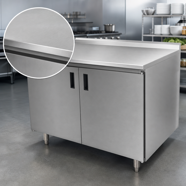 Product image #3 for Advance Tabco 108" x 24" Enclosed Stainless Steel Work Table with Cabinet Base, Mid-Shelf, Hinged Doors, and 14 Gauge 304 Stainless Steel Top