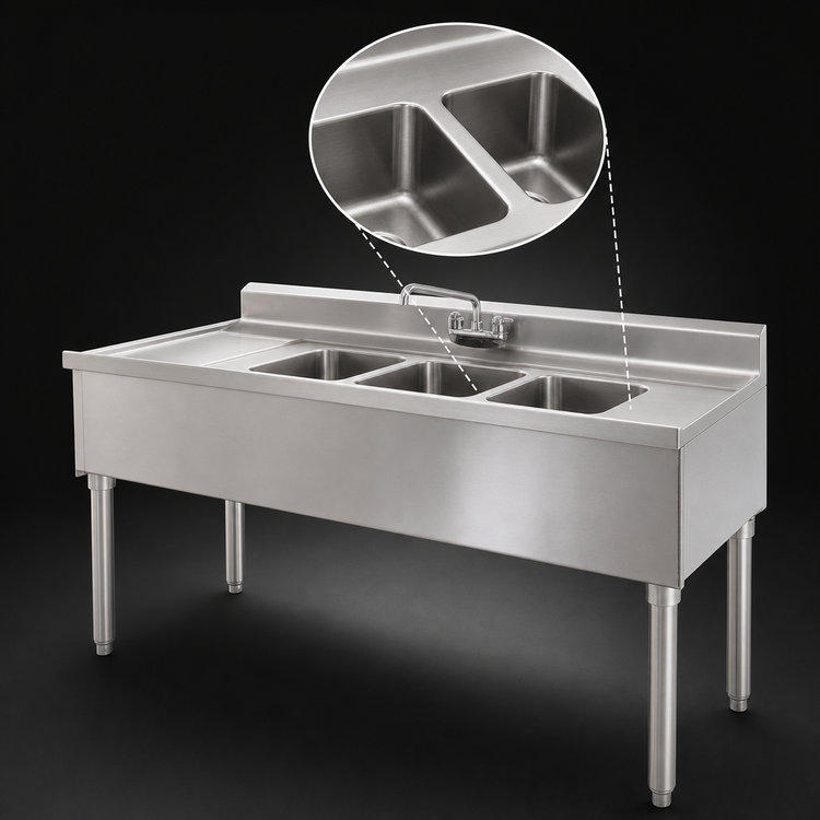 Product image #3 for Eagle Group 2200 Series 48-Inch Two-Compartment Underbar Sink Unit, Left Drainboard, 304 Stainless Steel