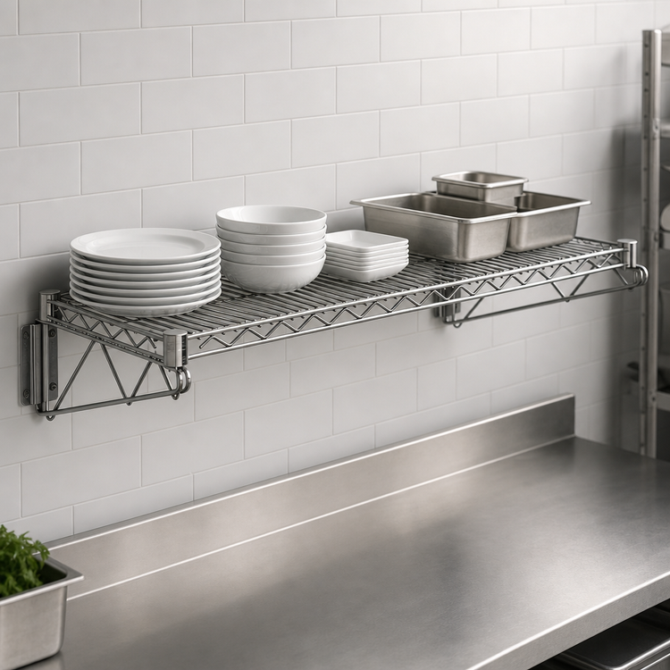 Product image #3 for Quantum Wall-Mount Cantilever Wire Shelf, 54 x 18 Inches, Gray Epoxy Antimicrobial Finish