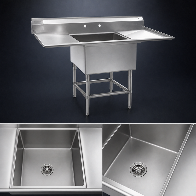 Product image #3 for Spec-Master 1-Compartment Commercial Sink with Left and Right Drainboards, 70W x 27D