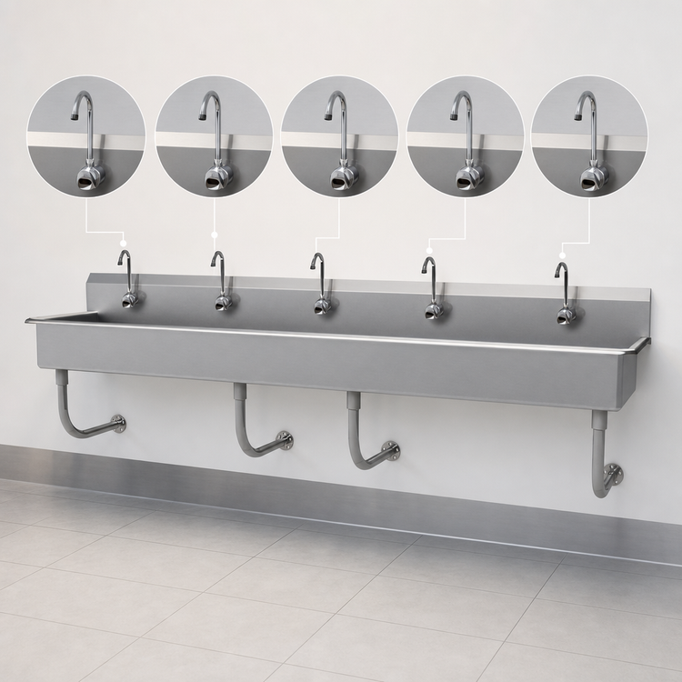 Product image #3 for Advance Tabco FS-WM-100EF Wall-Mounted Multiwash Hand Wash Sink with 5 Electronic Faucets, 100 Inch, 304 Stainless Steel