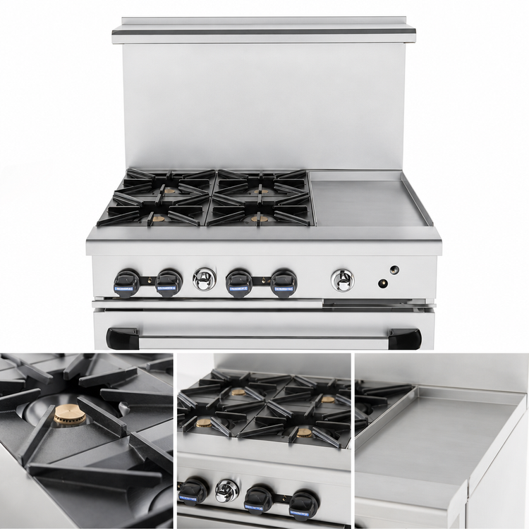 Product image #3 for Turbo Air Radiance 36-Inch Heavy-Duty Natural Gas Combination Restaurant Range with 4 Open Burners, 12-Inch Right Griddle, and Standard Oven
