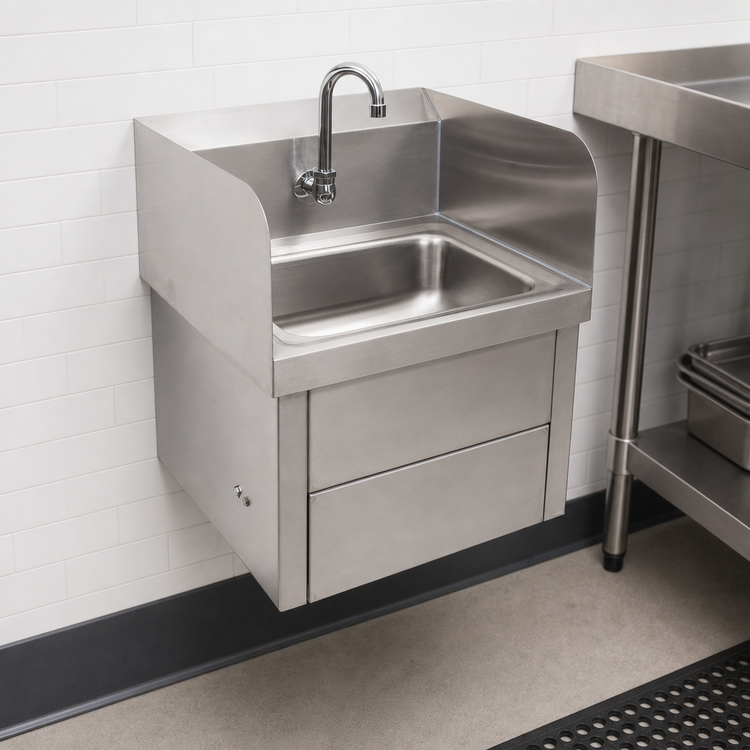 Product image #4 for John Boos Wall-Mount Stainless Steel Hand Sink with Knee-Activated Gooseneck Faucet, 14 x 10 x 5 Inch Bowl
