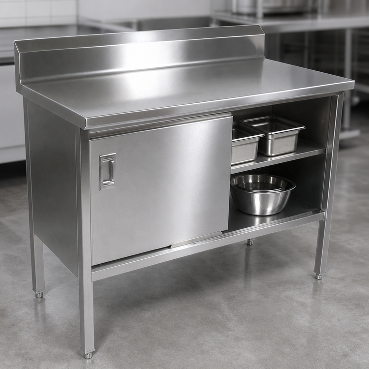 Product image #3 for John Boos Enclosed Stainless Steel Work Table with Cabinet Base and Sliding Doors, 84 x 30 Inches, 5-Inch Backsplash