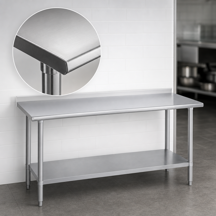 Product image #3 for Duke 72-Inch x 36-Inch 14-Gauge 300 Series Stainless Steel Work Table with 1-1/8-Inch Straight Riser and Undershelf
