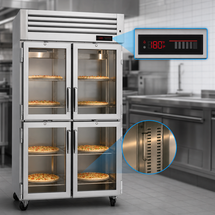 Product image #3 for Turbo Air PRO Series Pass-Thru Heated Pizza Holding Cabinet, 2-Section, 53 Cu. Ft., Glass Front/Solid Rear Half Doors