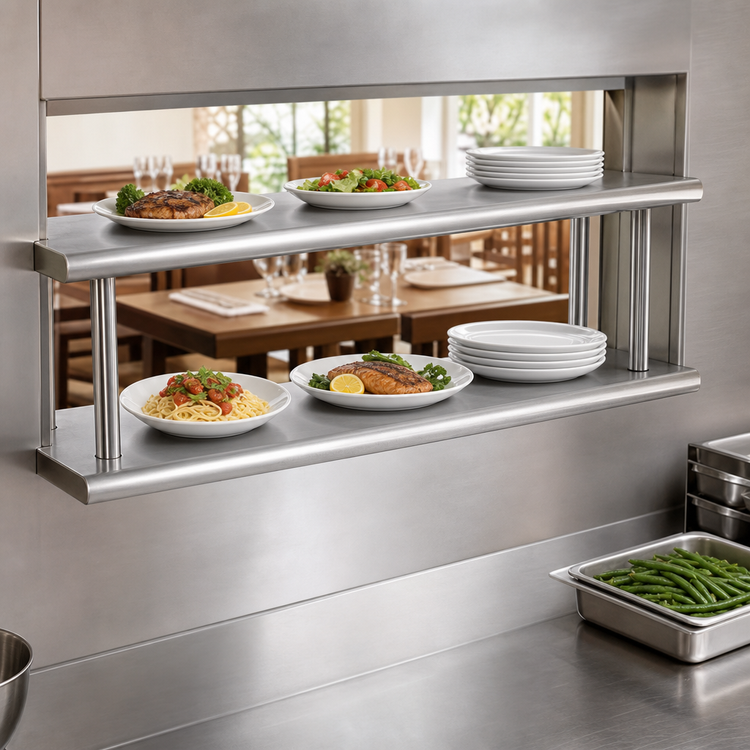 Product image #3 for BK Resources Double-Tier Wall-Mounted Pass-Through Shelf, 108 x 18 Inches, Stainless Steel