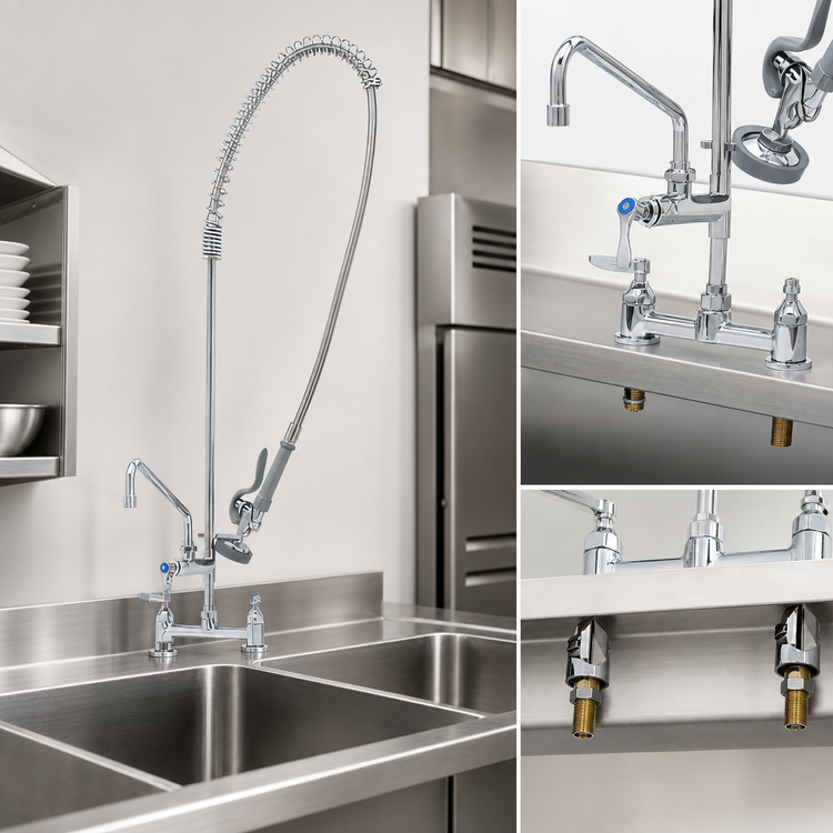 Product image #3 for T&S Brass EasyInstall Deck-Mount Pre-Rinse Unit with 12-Inch Swing Nozzle, Add-On Faucet, and 54-Inch Hose