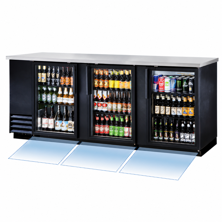 Product image #3 for True TBB-4G-HC-LD Three-Section Back Bar Cooler with 3 Locking Glass Doors and Left-Mounted Condensing Unit