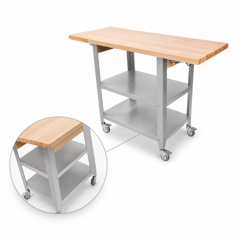 Product image #4 for John Boos Cucina Elegante 50-Inch Maple Butcher Block Cart with 2 Drop Leaves, No Drawer and Stainless Steel Shelves
