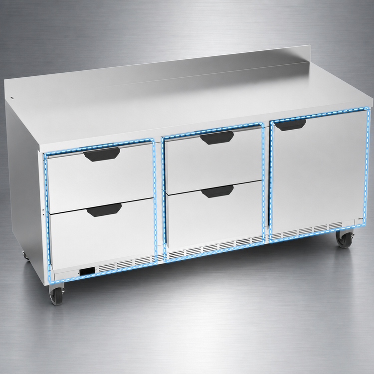 Product image #3 for Beverage-Air 72-Inch Three-Section Worktop Refrigerator with 4 Drawers and 1 Door
