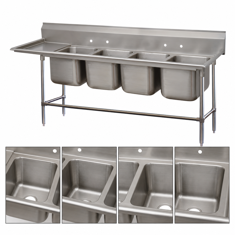 Product image #3 for Advance Tabco Regaline 4-Compartment Sink with Left-Hand Drainboard, 24 x 24 Inch Bowls, 14 Gauge 304 Stainless Steel