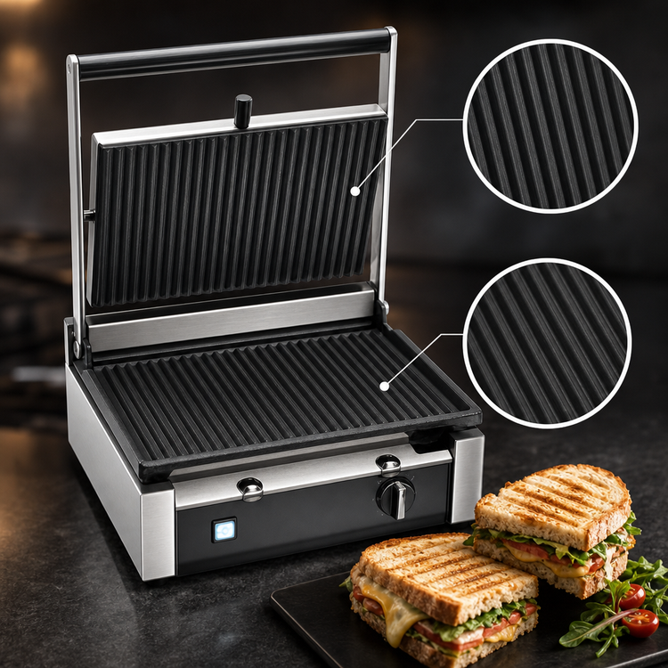 Product image #3 for Eurodib Commercial Single Panini Grill with Ribbed Cast Iron Plates, 14.5 x 10 Inch, 110V